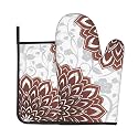 Dahlia Floral Oven Mitts and Pot Holders Sets - Grey Red Kitchen Mitts Potholders 2 Pack Heat Resistant Farmhouse Flower Oven Gloves Hot Pads for Kitchen Baking Grilling Party