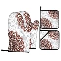 Dahlia Floral Oven Mitts and Pot Holders Sets - Grey Red Kitchen Mitts Potholders 4 Pack Heat Resistant Farmhouse Flower Oven Gloves Hot Pads for Kitchen Baking Grilling Party