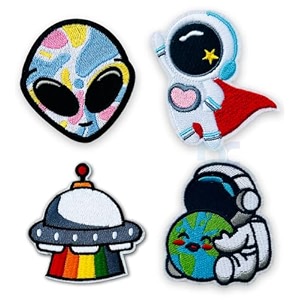 daily crafts unisex iron on embroidered patch large for clothing colorful ufo alien spaceship pastel colored alien head cute sitting astronaut hugging smiling earth galaxy superhero cute flying astronaut
