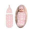Daisy Pink Swaddle Blanket with Beanie Set, Soft and Stretchy Receiving Blanket for Boy and Girl