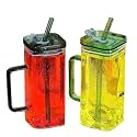 Glass Kids Fruit Juice Milk Sipper Tumbler Mug with Straw and Acrylic/Wooden Lid - 400Ml - Pacl of 1 - Green Tea Coffee Soda Can Cup with Straw