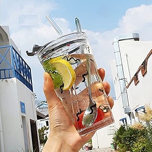 reusable glass coffee sipper with lid and straw 350ml leakproof tumbler travel mugsmoothies any cold hot drinking cups pack of 1 multi color pack of 1
