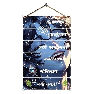 dakshestry artworks engineered wood krishna mantra wall hangings home decor items for living room bedroom hall home office-hindu god wall art multicolor krishna mantra set of 6 wkh_5