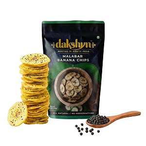 dakshyn malabar salt n pepper banana wafer chips with rock salt 200g x pack of 2  jain snacks for fasting upvas  oil free snacks  healthy gluten free vegan plant based  falahari snack