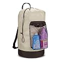 Dalykate Khaki Laundry Backpack with Shoulder Straps and Mesh Pocket, Durable Nylon Clothes Hamper Bag with Drawstring Closure for College, Travel, Laundromat, Apartment