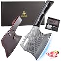 Damascus Meat Cleaver, Serbian Chef`s Knife, 7.58" 73 Layers Steel Blade Kitchen Bone Chopping Axe Hatchet, Ebony Wood Handle, Premium Leather Sheath and Gift Box included