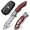 Damascus Pocket Knife for Men, 3.54" Blade, Wood Handle with Clip