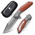 Damascus Pocket Knife for Men, Wooden Handle and 3.35" Blade