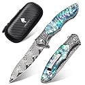 Damascus Pocket Knife for Women, 3.54" Blade, Abalone Handle & Clip