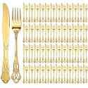 Dandat 100 Pcs Forks and Knives Cutlery Set Stainless Steel Steak Knives Forks Flatware Royal Silverware Set for Wedding Party Restaurant Dishwasher Safe (Gold)