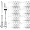 Dandat 100 Pcs Forks and Knives Cutlery Set Stainless Steel Steak Knives Forks Flatware Royal Silverware Set for Wedding Party Restaurant Dishwasher Safe (Silver)