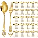 Dandat 100 Pcs Retro Gold Silverware Set Heavy Duty, Dinner Fork and Spoon