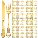Dandat 200 Pcs Forks and Knives Cutlery Set Stainless Steel Steak Knives Forks Flatware Royal Silverware Set for Wedding Party Restaurant Dishwasher Safe (Gold)