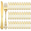 Dandat 60 Pcs Forks and Knives Cutlery Set Stainless Steel Steak Knives Forks Flatware Royal Silverware Set for Wedding Party Restaurant Dishwasher Safe (Gold)