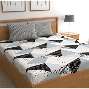 glace cotton elastic fitted bedsheet king size 78x72 with 2 contrast zumbo size pillow covers d design-7 multicolor