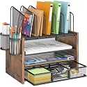 DAOUTIME 4-Tier Mesh Desk Organizer, Wooden Desk File Organizer with 5 Vertical File Holders and 2 Pen Holders, Desktop Organizers and Accessories with Drawer for Home Office