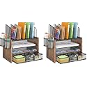 DAOUTIME 4-Tier Mesh Desk Organizer, Wooden Desk File Organizer with 5 Vertical File Holders and 2 Pen Holders, Desktop Organizers and Accessories with Drawer for Home Office (Pack of 2)