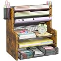 DAOUTIME 6-Tier Mesh Desk Organizer with Drawer, Wooden Office Organizer for Papers, Folders & Office Supplies - Sturdy Desktop File Holder with 2 Pen Holders - Space Saving Home Office Accessories