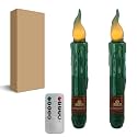 Dark Green Flameless Short Taper Candles, Real Wax Hand Dipped LED Battery Operated with Remote, Flickering Flame Lights for Festival Party Home Décor, 6.7 Inch Primitive Flameless Candles, 2PCS