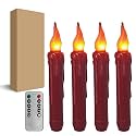 Burgundy Flameless Short Taper Candles, Real Wax Hand Dipped Dark Red LED Battery Operated with Remote, Flickering Flame Lights for Festival Home Décor, 6.7 Inch Primitive Flameless Candles, 4PCS