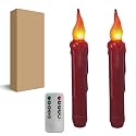 Burgundy Flameless Short Taper Candles, Real Wax Hand Dipped Dark Red LED Battery Operated with Remote, Flickering Flame Lights for Festival Home Décor, 6.7 Inch Primitive Flameless Candles, 2PCS