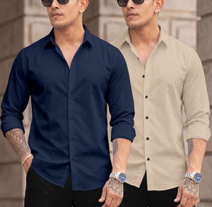 DARKMODE Men Solid Casual Cream Blue Shirt
