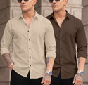 DarkSquare Men Solid Casual Brown Cream Shirt