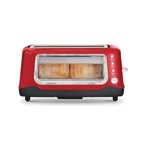 dash bread toaster 2 slice with extra wide slot  1100w pop up toaster 2 slices automatic  7 browning levels with defrost amp reheat  removable crumb tray  red 1100 watts