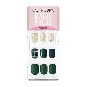 dashing diva magicpress burgundy shine  day to night  short square shaped press on nails  long lasting green duffle coat