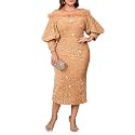 dasmzper Women Sexy Sequin Off The Shoulder Puff 3/4 Sleeve Bodycon Dress Formal Party Cocktail Evening Midi Dress