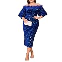 dasmzper Women Sexy Sequin Off The Shoulder Puff 3/4 Sleeve Bodycon Dress Formal Party Cocktail Evening Midi Dress