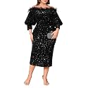 dasmzper Women Sexy Sequin Off The Shoulder Puff 3/4 Sleeve Bodycon Dress Formal Party Cocktail Evening Midi Dress
