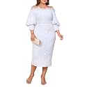 dasmzper Women Sexy Sequin Off The Shoulder Puff 3/4 Sleeve Bodycon Dress Formal Party Cocktail Evening Midi Dress