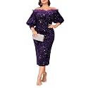 dasmzper Women Sexy Sequin Off The Shoulder Puff 3/4 Sleeve Bodycon Dress Formal Party Cocktail Evening Midi Dress