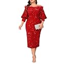 dasmzper Women Sexy Sequin Off The Shoulder Puff 3/4 Sleeve Bodycon Dress Formal Party Cocktail Evening Midi Dress