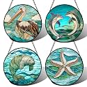 DASTOLL Stained Glass Window Hanging 4 Pcs Set Cyan Ocean Life Theme Large 15" - Sea Starfish Suncatcher Door Garden Sun Catcher Decor Birthday for Mom Woman Nana Men Friend