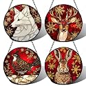 DASTOLL Stained Glass Window Hanging 4 Pcs Set Red Golden Snowflakes 6.3" - Christmas Elk Rabbit Suncatcher Door Garden Sun Catcher Decor Birthday for Mom Woman Nana Men