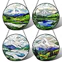 DASTOLL Stained Glass Window Hanging 4 Pcs Set Mountains Lake Green White Landscape 9.8" - Suncatcher Door Garden Sun Catcher Decor Birthday Christmas for Mom Woman Nana Men