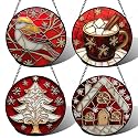 DASTOLL Stained Glass Window Hanging 4 Pcs Set Red Christmas Themed Decorations 7.8" - Suncatcher Door Garden Sun Catcher Decor Birthday New Year for Mom Woman Nana Men