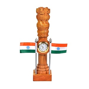 dattatreya wooden ashoka stambh pillar with 2 flags amp clock for office brown color pack of 1 for gift height 9 inches