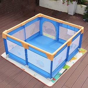 dawnwake 120x120 cm playpen for baby up to 3 years with safety lock amp anti-fall grasp rings and suction cup non-foldable - blue