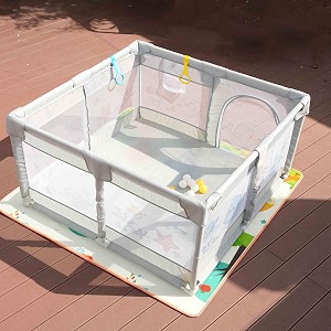 dawnwake small playpen 120 x 120 cm for toddlers amp kids up to 3 years with 2 anti-fall grasp rings baby fence with safety lock amp suction cup no matno ball non-foldable -grey