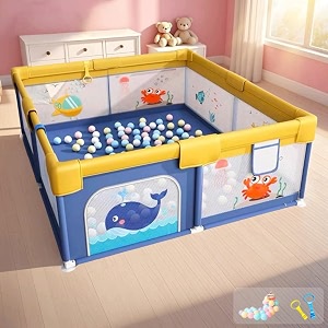 dawnwake playpen for babies up to 5 years playard with pit balls and anti-fall grasp rings kids activity center with safety lock no mat non-foldable 150x180 cm - blue