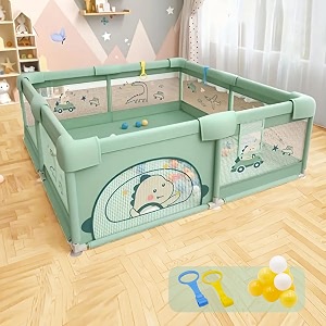 dawnwake 150x180 cm large playpen for baby up to 5 years with ocean balls and 2 anti-fall grasp rings playard with safety lock amp suction cup no mat non-foldable - green