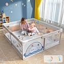 Dawnwake Large Playpen 150x180 cm for Baby up to 5 Years, Playard with Ocean Balls and 2 Grasp Rings, Kids Activity Center with Safety Lock &amp; Suction Cup (No Mat/Cushion, Non-Foldable) - Grey