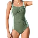 DAXIANG Girls One Piece Swimsuit Modest Ruched Color Block Bathing Suit Tween Adjustable Straps Padded Swimwear Size 7-16