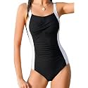 DAXIANG Girls One Piece Swimsuit Modest Ruched Color Block Bathing Suit Tween Adjustable Straps Padded Swimwear Size 7-16