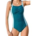 DAXIANG Girls One Piece Swimsuit Modest Ruched Color Block Bathing Suit Tween Adjustable Straps Padded Swimwear Size 7-16