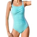 DAXIANG Girls One Piece Swimsuit Modest Ruched Color Block Bathing Suit Tween Adjustable Straps Padded Swimwear Size 7-16
