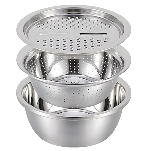dayanidhi 3 in 1 multipurpose strainer drainer cutter colander  stainless steel cheese grater amp salad maker  kitchen drain basket set for washing fruits and vegetables  1 piece
